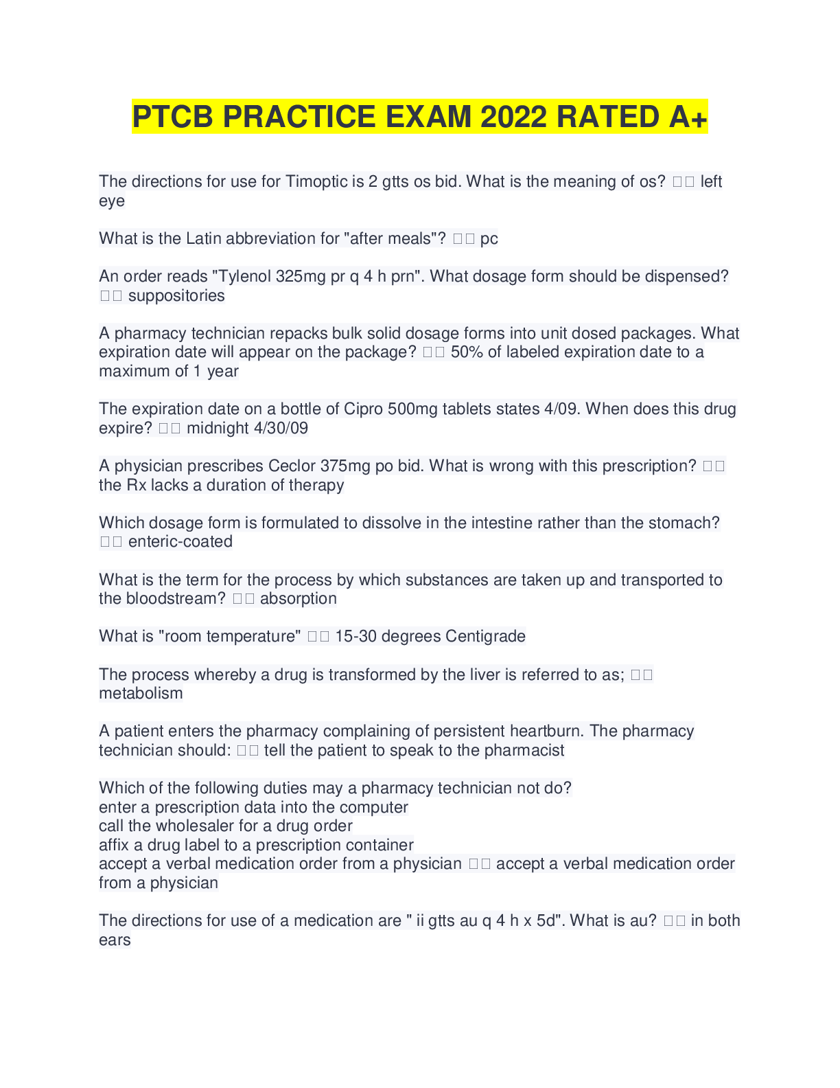 Preview image for PTCB PRACTICE EXAM 2022 RATED A+